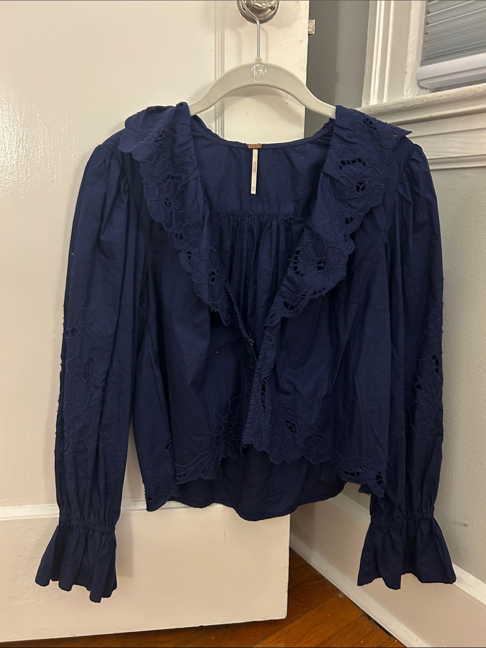 Free People Navy Scalloped Eyelet Ruffle Blouse